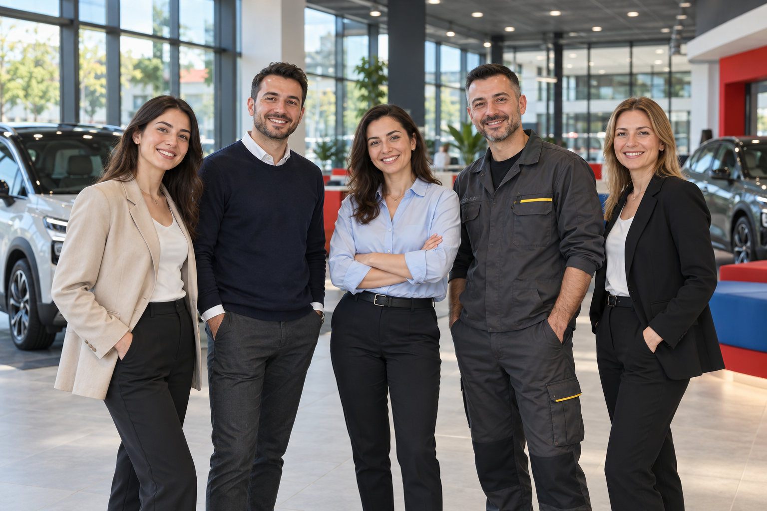 Otomotiv showroomunda bir araya gelen ekip
