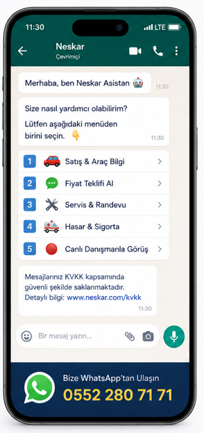 Neskar WhatsApp Asistan: satış ve araç bilgisi, fiyat teklifi, servis ve randevu, hasar ve sigorta, canlı danışman seçenekleri