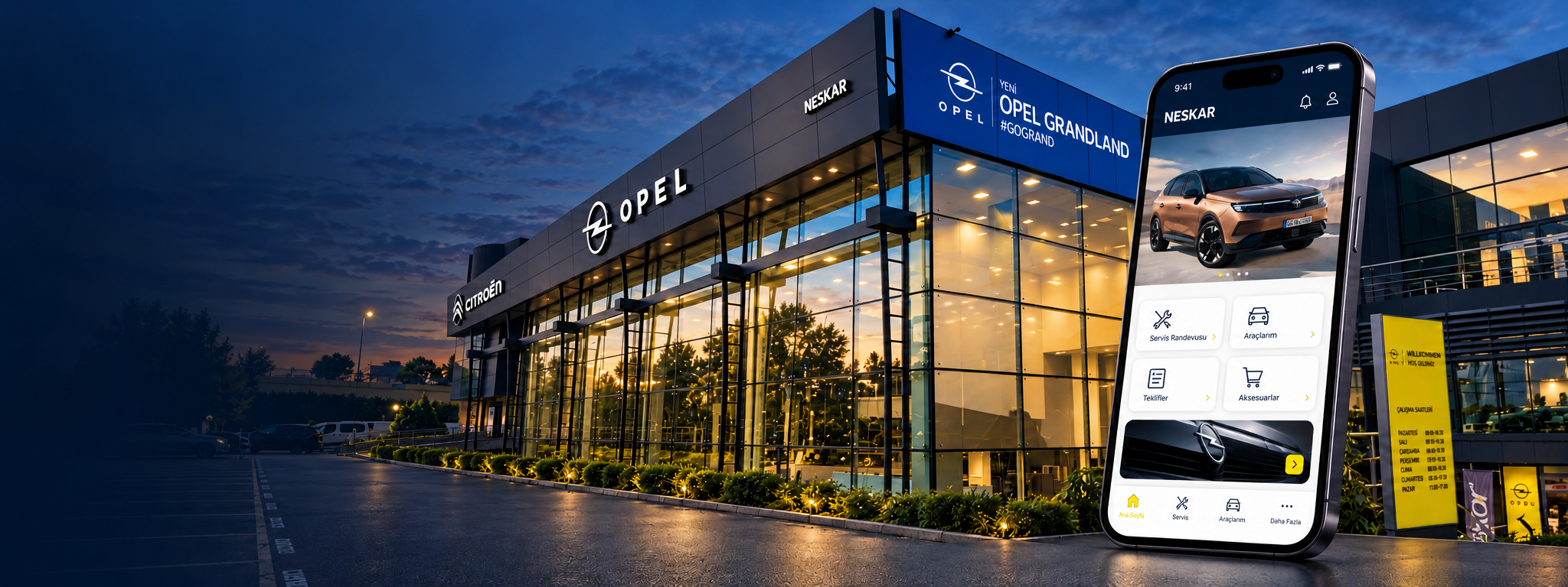 Alacakaranlıkta Neskar showroomu önünde NeskarApp açık akıllı telefon