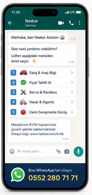 Neskar WhatsApp Asistan: satış ve araç bilgisi, fiyat teklifi, servis ve randevu, hasar ve sigorta, canlı danışman seçenekleri